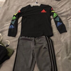 Adidas Black Top with Multicolor Logo Sleeves and Gray Pants